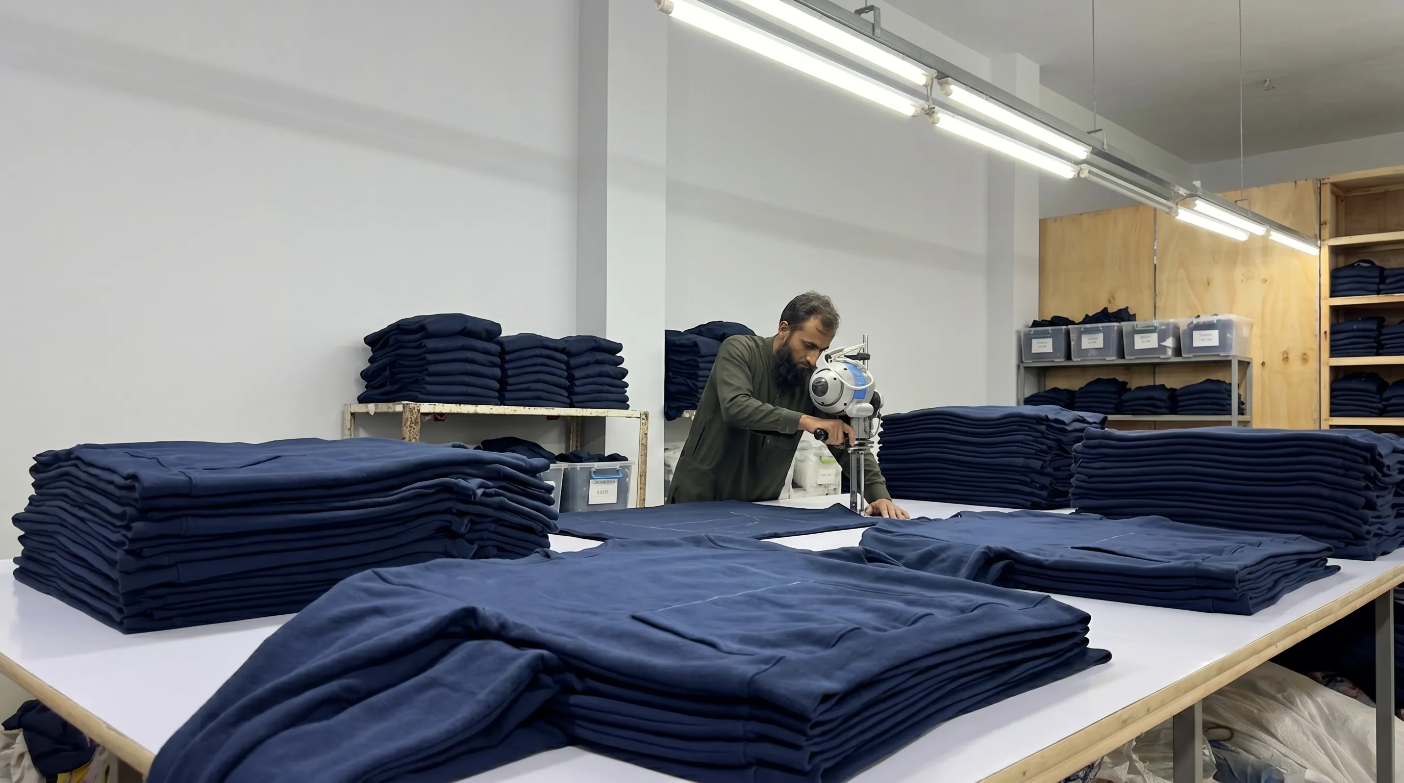 Industrial fabric cutting at Apex Corporation knitwear manufacturer factory in Karachi Pakistan with ISO-verified shrinkage and dyeing checks completed before cutting
